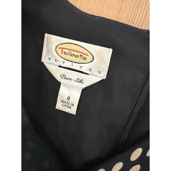 Women's Vintage 90s TALBOT'S Pure Silk Faux Wrap Dress Black Tan Polka Dot 8 - Picture 3 of 7